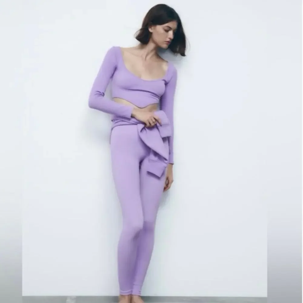 Zara Women's Purple Lavender Rib Knit Long Sleeve Pullover Crop Shirt Top M/L